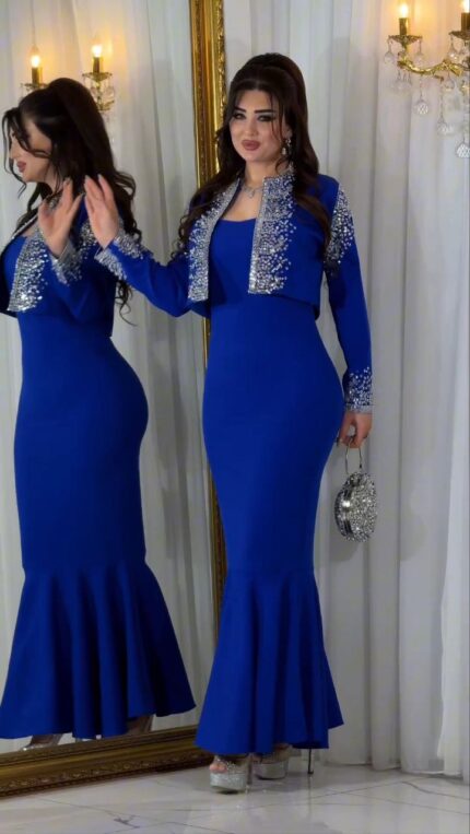 Zena Fashion Taş Baskı Detaylı Ceketli Kalem Abiye Elbise Saks