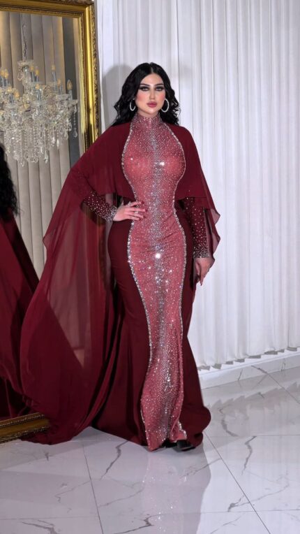 Zena Fashion Taş Baskı Pelerinli Tesettür Abiye Elbise Bordo