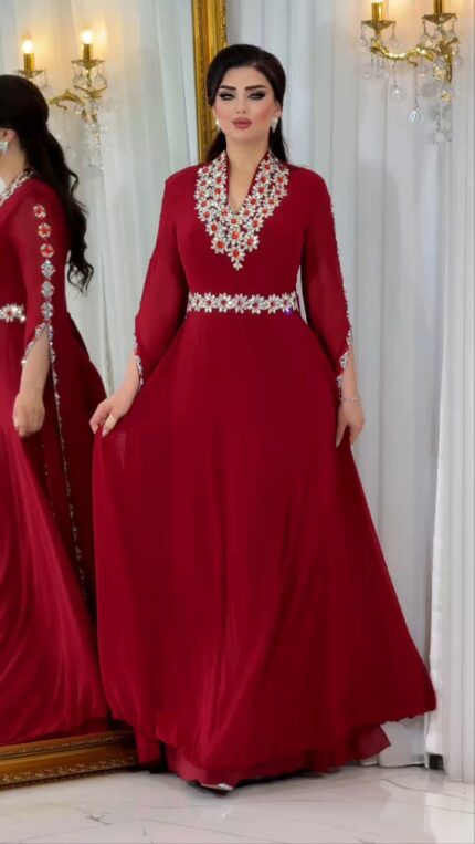 Zena Fashion Yaka Kol ve Kemer İşlemeli Yöresel Abiye Bordo