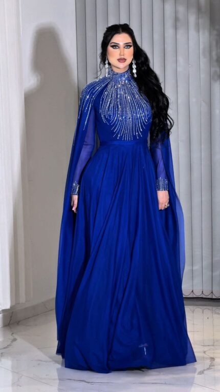 Zena Fashion Pelerin Detaylı Taş Baskı İşlemeli Kloş Abiye Saks