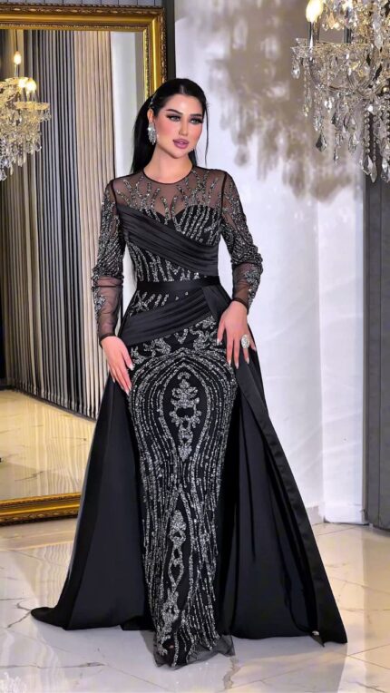 Zena Fashion Göğüs Detaylı Kuşaklı Özel Tasarım Kuyruklu Abiye Siyah