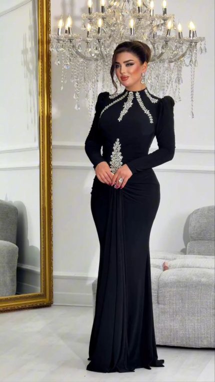 Zena Fashion Hakim Yaka Taş Detaylı Özel Koleksiyon Abiye Siyah