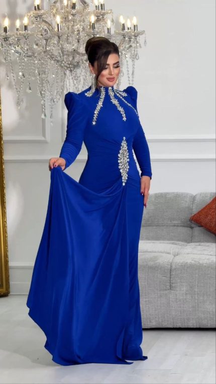 Zena Fashion Hakim Yaka Taş Detaylı Özel Koleksiyon Abiye Saks