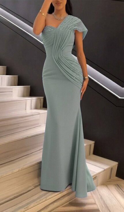 Zena Fashion Tek Omuzlu Pileli İnci Taş İşlemeli Abiye Turkuaz