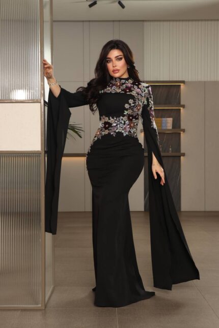 Zena Fashion Lüx Pelerin Kollu Taş İşlemeli Couture Abiye Siyah