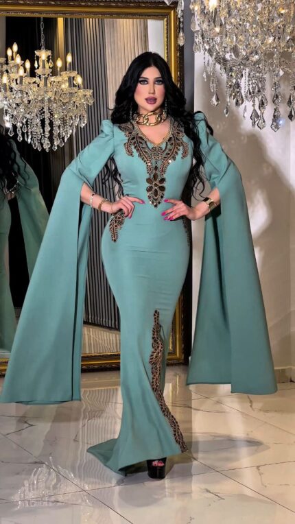 Zena Fashion Nakış İşlemeli Kol Detaylı Abiye Elbise Fıstık Yeşili