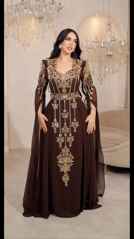 Zena Fashion Taş İşlemeli Sırt Detaylı Pelerin Kollu Yöresel Abiye Kahve