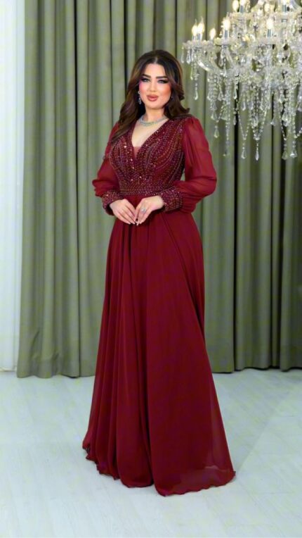 Zena Fashion Taş İşlemeli Bilek Detaylı Kloş Abiye Bordo