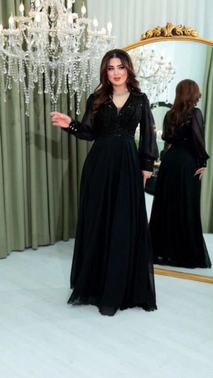 Zena Fashion Taş İşlemeli Bilek Detaylı Kloş Abiye Siyah
