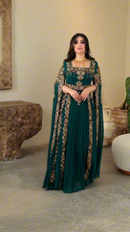 Zena Fashion Özel Tasarım Taş İşlemeli Kaftan Yeşil