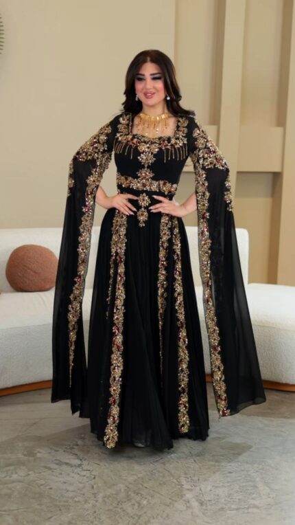 Zena Fashion Özel Tasarım Taş İşlemeli Kaftan Siyah
