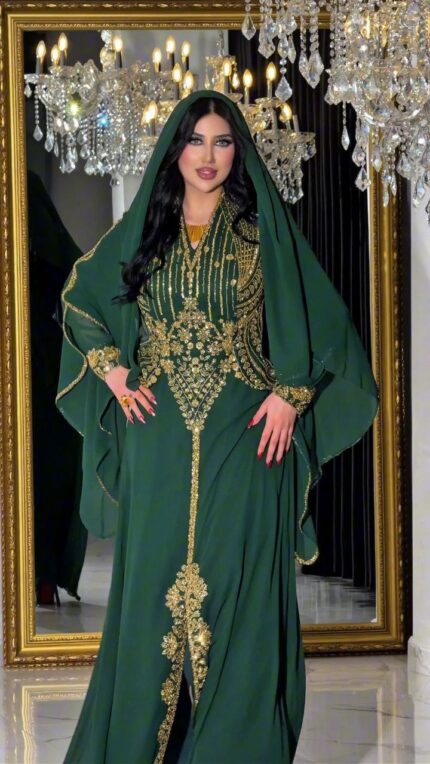 Zena Fashion Luxury Gold Taş İşlemeli Tesettür Şallı Kaftan Yeşil