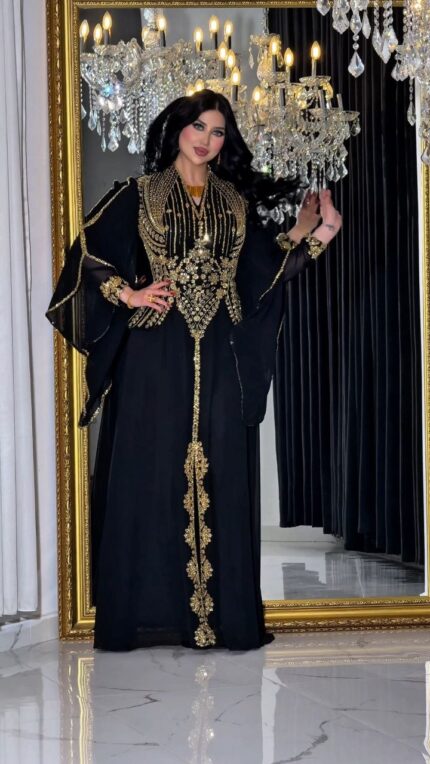 Zena Fashion Luxury Gold Taş İşlemeli Tesettür Şallı Kaftan Siyah