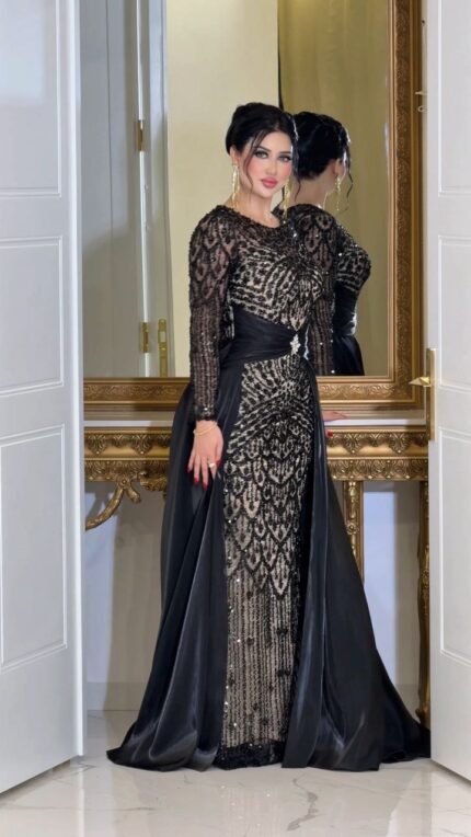 Zena Fashion Bel Detaylı Payet Kumaş Pelerinli Abiye Siyah